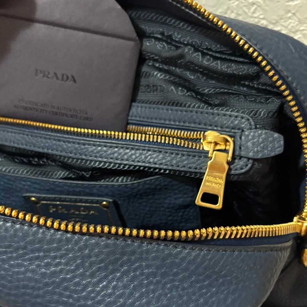 Prada Vitello Daino Bauletto Midnight Blue Pebbled Leather Satchel - Picture 12 of 13
